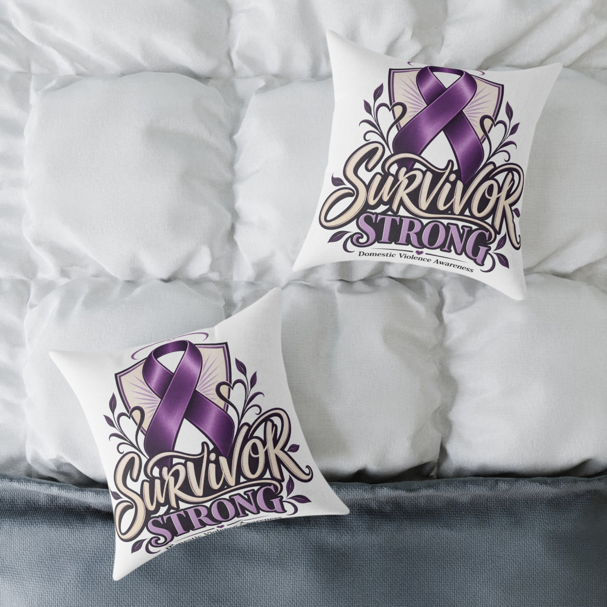 Survivor Strong Purple Ribbon Square Pillow — Domestic Violence Awareness Support Home Decor