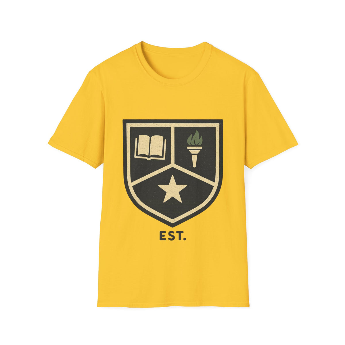 Academy Crest T-Shirt — Book & Torch Vintage Shield Tee - Trending Now - August 2026