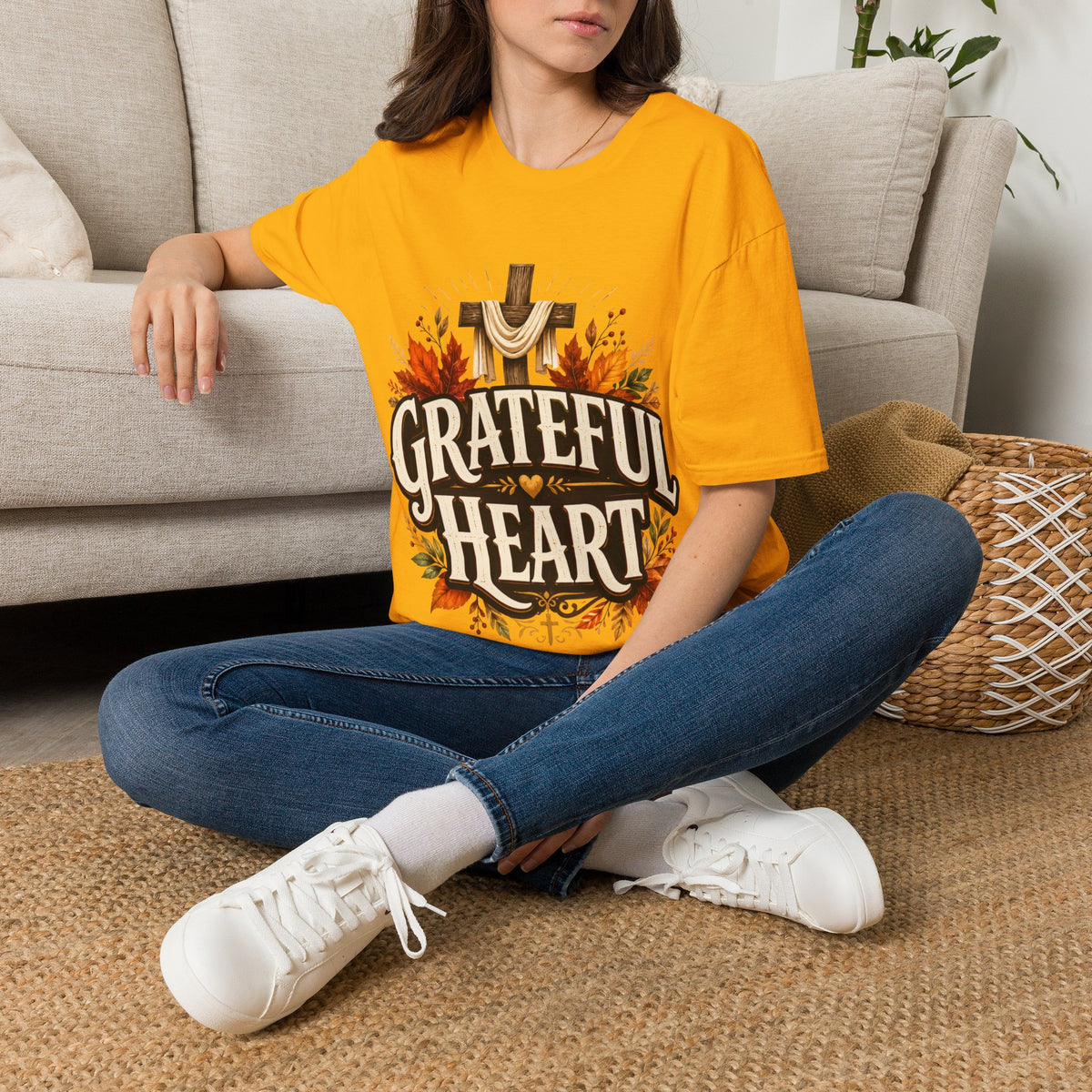 Thanksgiving T-Shirt Grateful Heart T-Shirt — Christian Cross & Autumn Leaves Thanksgiving Tee