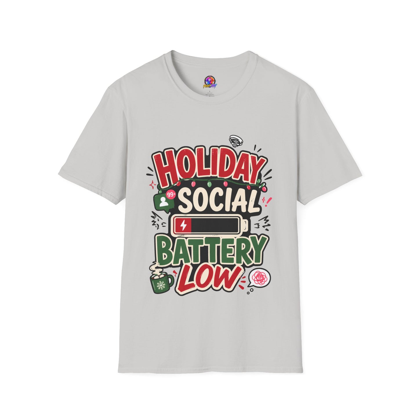 Holiday Social "Battery Low" T‑Shirt — Funny Festive Party Tee for Introverts & Holiday Gatherings