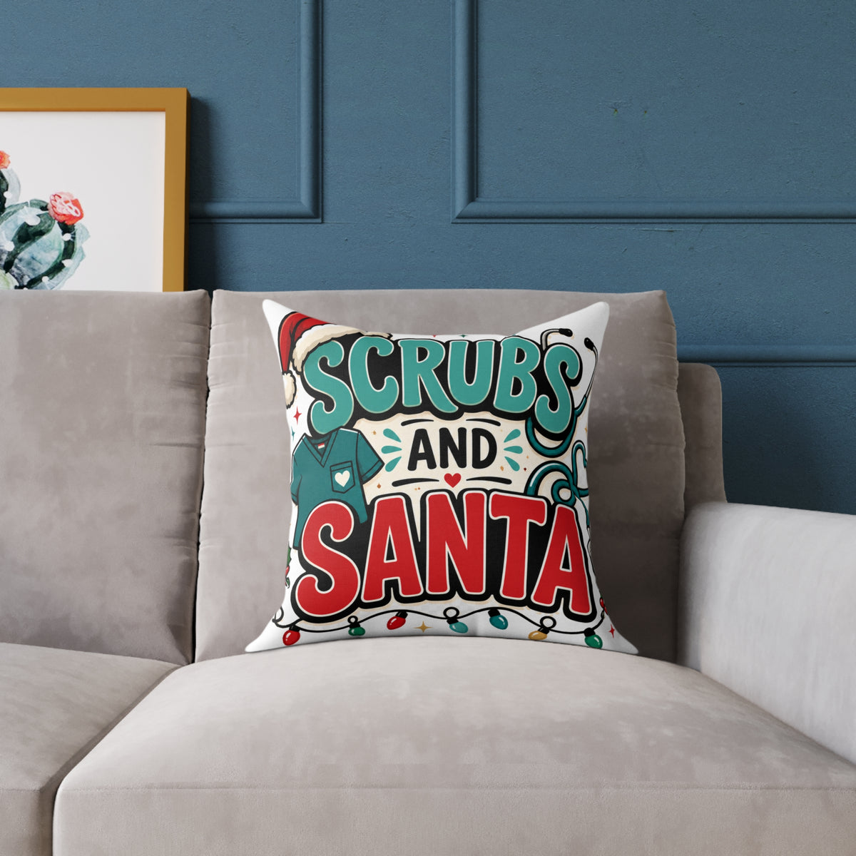 Scrubs and Santa Holiday Modern Day Christmas  Pillow — Christmas Nurse Decorative Cushion