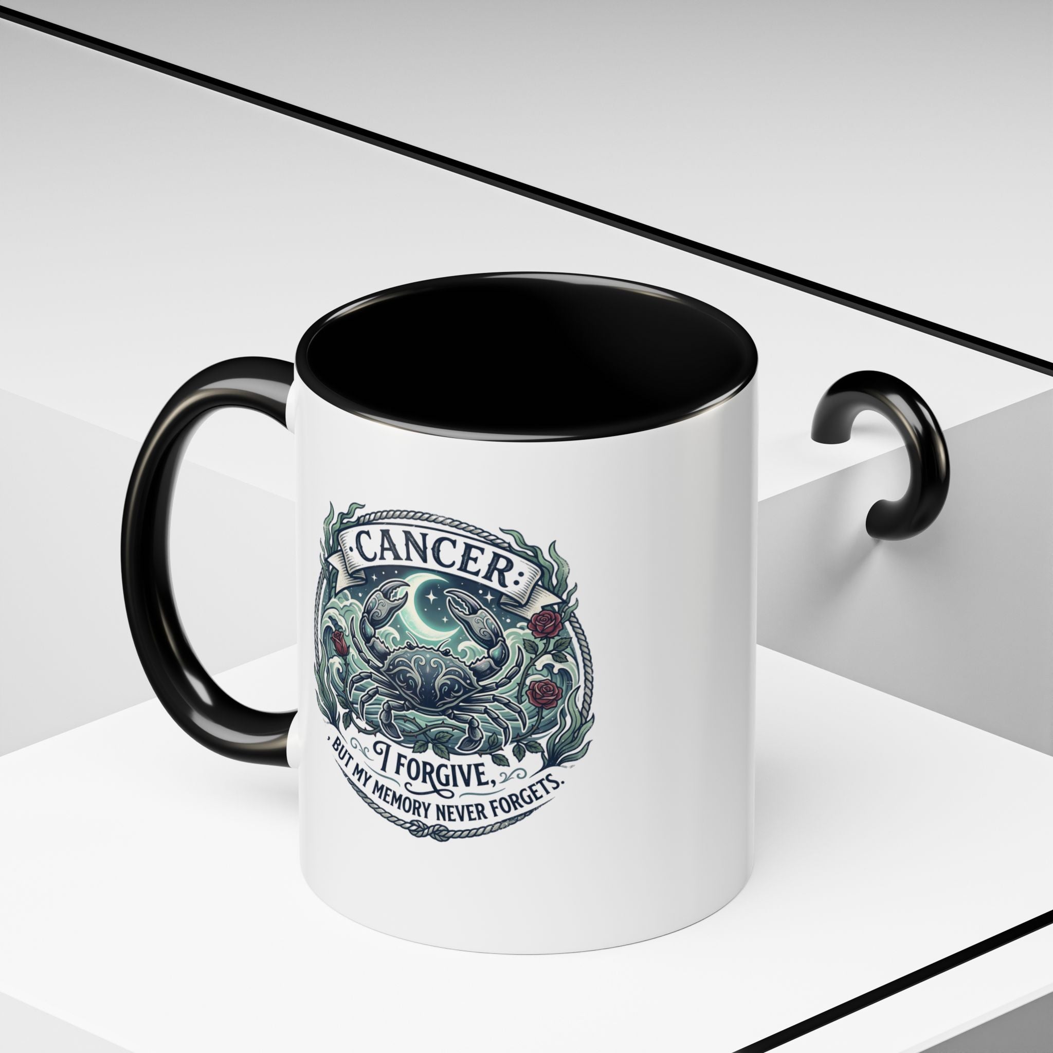 Cancer Zodiac Accent Coffee Mug — 'I Forgive But My Memory Never Forgets' Horoscope Gift