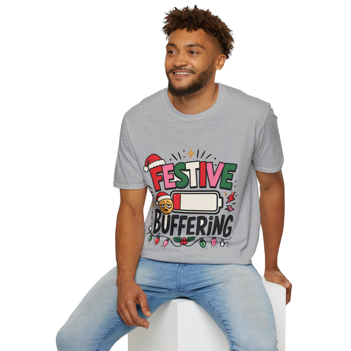 Festive Buffering T-Shirt — Funny Holiday Christmas Tee with Loading Battery Design