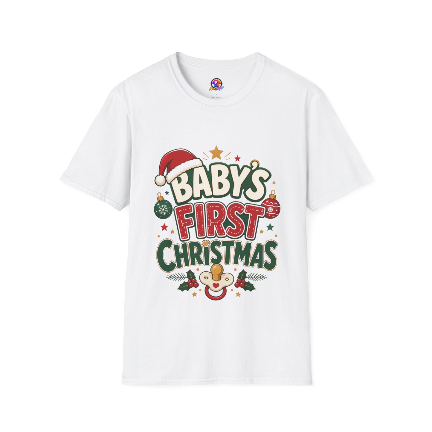 Baby's First Christmas T-Shirt — Festive Santa Hat & Ornaments Holiday Tee