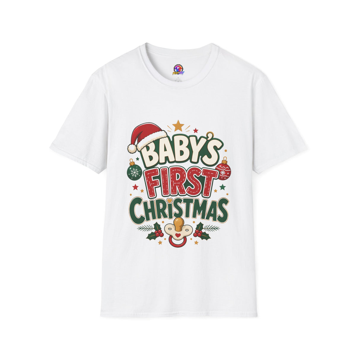 Baby's First Christmas T-Shirt — Festive Santa Hat & Ornaments Holiday Tee