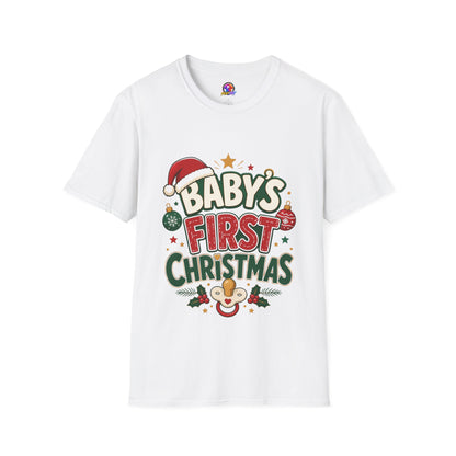 Baby's First Christmas T-Shirt — Festive Santa Hat & Ornaments Holiday Tee