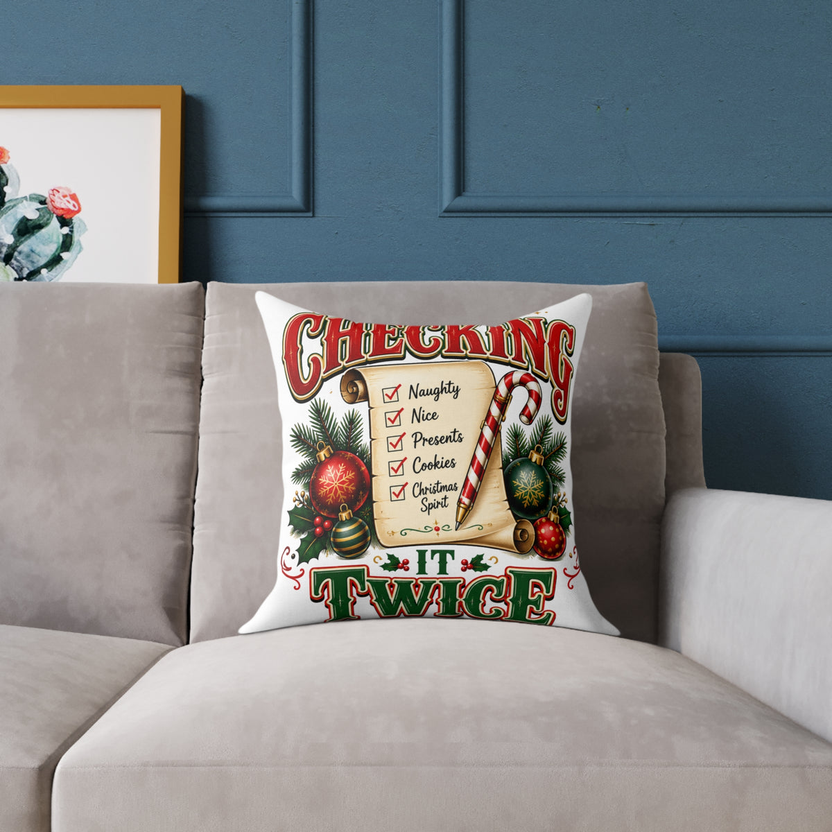 Christmas Checking It Twice Square Poly Canvas Pillow