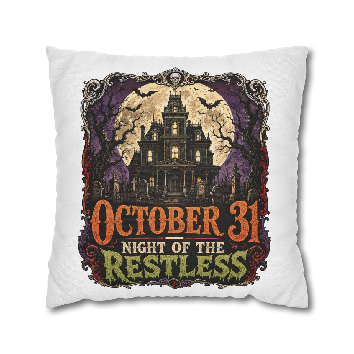 Halloween Pillowcase — "October 31 Night of the Restless" Haunted House Throw Pillow