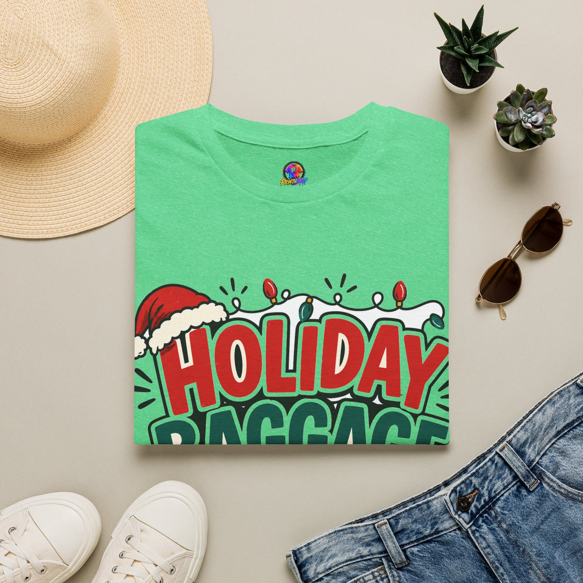 Holiday Baggage Claim T-Shirt — Funny Christmas Vacation Tee with Santa Hat & Lights
