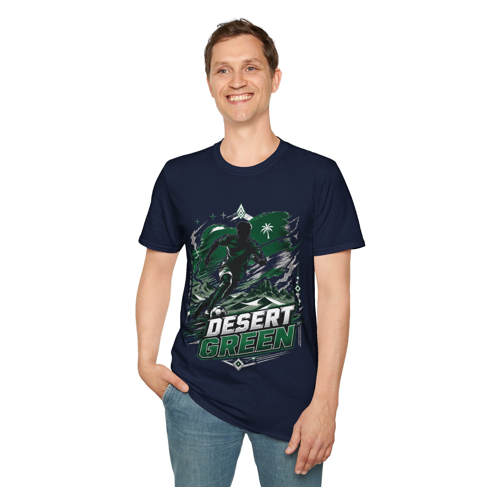 Saudi Arabia Desert Green Soccer T-Shirt — Silhouette Player Graphic