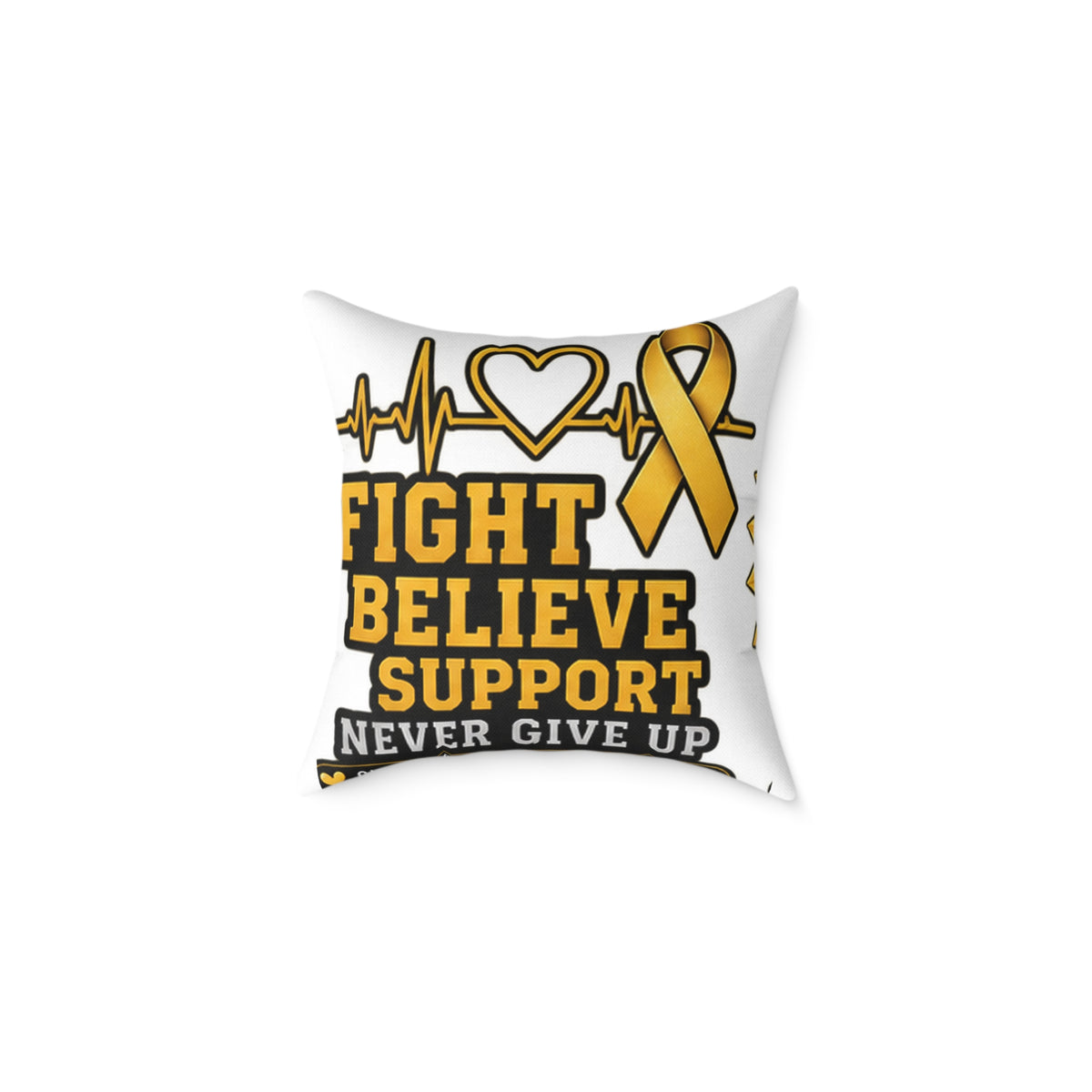 Childhood Cancer Awareness Pillow - "Fight Believe Support Never Give Up" Gold Ribbon Accent