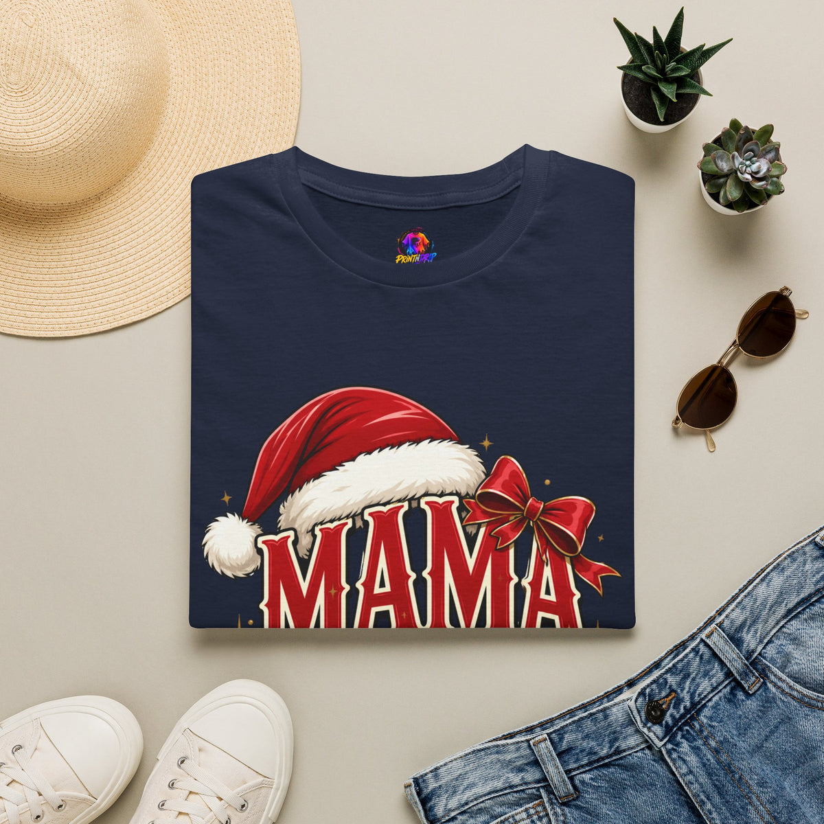 Mama Claus T-Shirt — Festive Christmas Mom Tee with Santa Hat & Bow