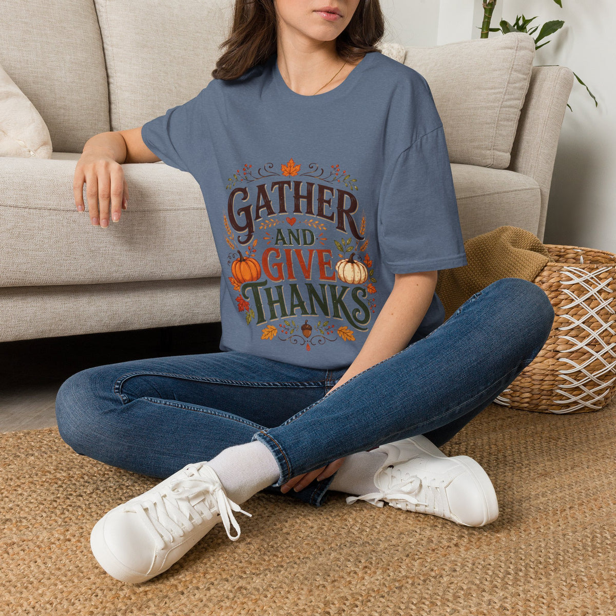 Thanksgiving T-Shirt Gather and Give Thanks T-Shirt — Thanksgiving Fall Holiday Tee