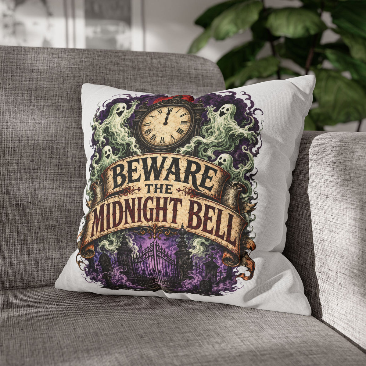 Halloween Beware the Midnight Bell Pillowcase — Haunted Clock & Ghosts Decorative Throw Pillow