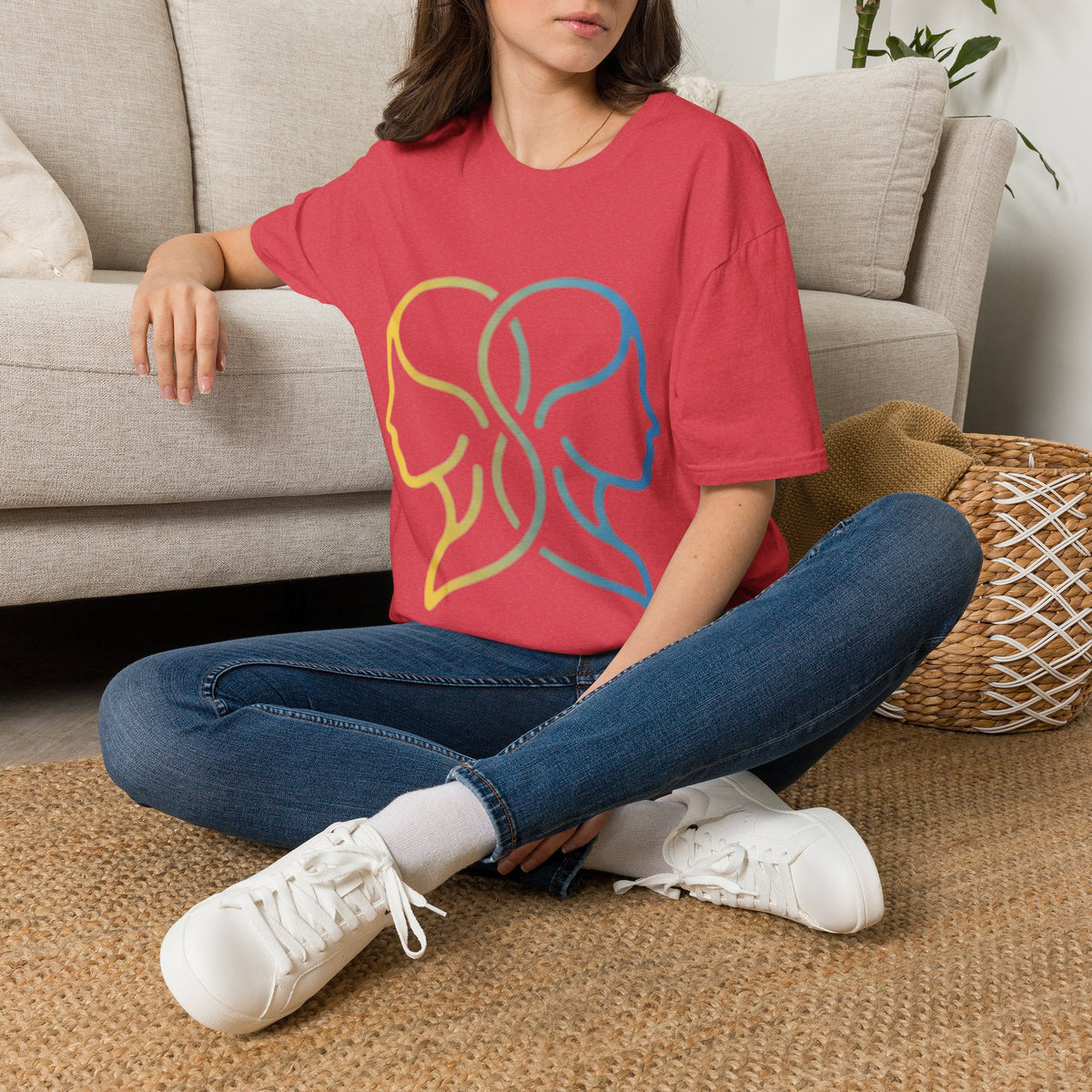 Twin Profile Line Art T‑Shirt — Gradient Sisterhood Outline Tee