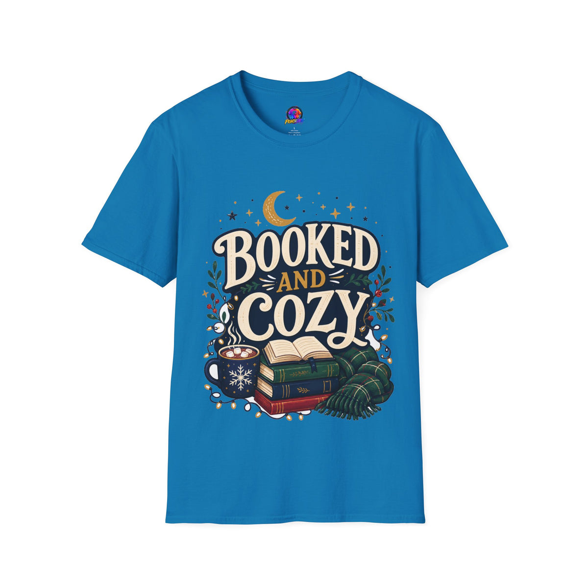Booked and Cozy T-Shirt — Cozy Reading Graphic Tee (Books, Moon & Stars)