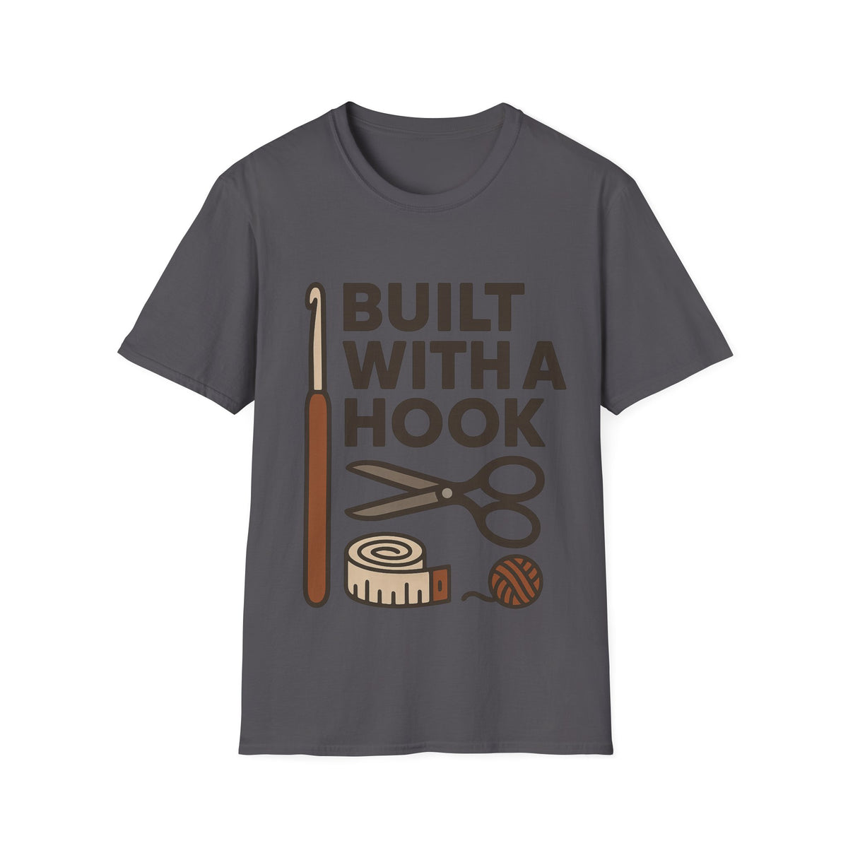 "Built With A Hook" Funny Crochet Graphic Tee - Minimalist Yarn Maker Crafting White T-Shirt - Trending Now - September 2026