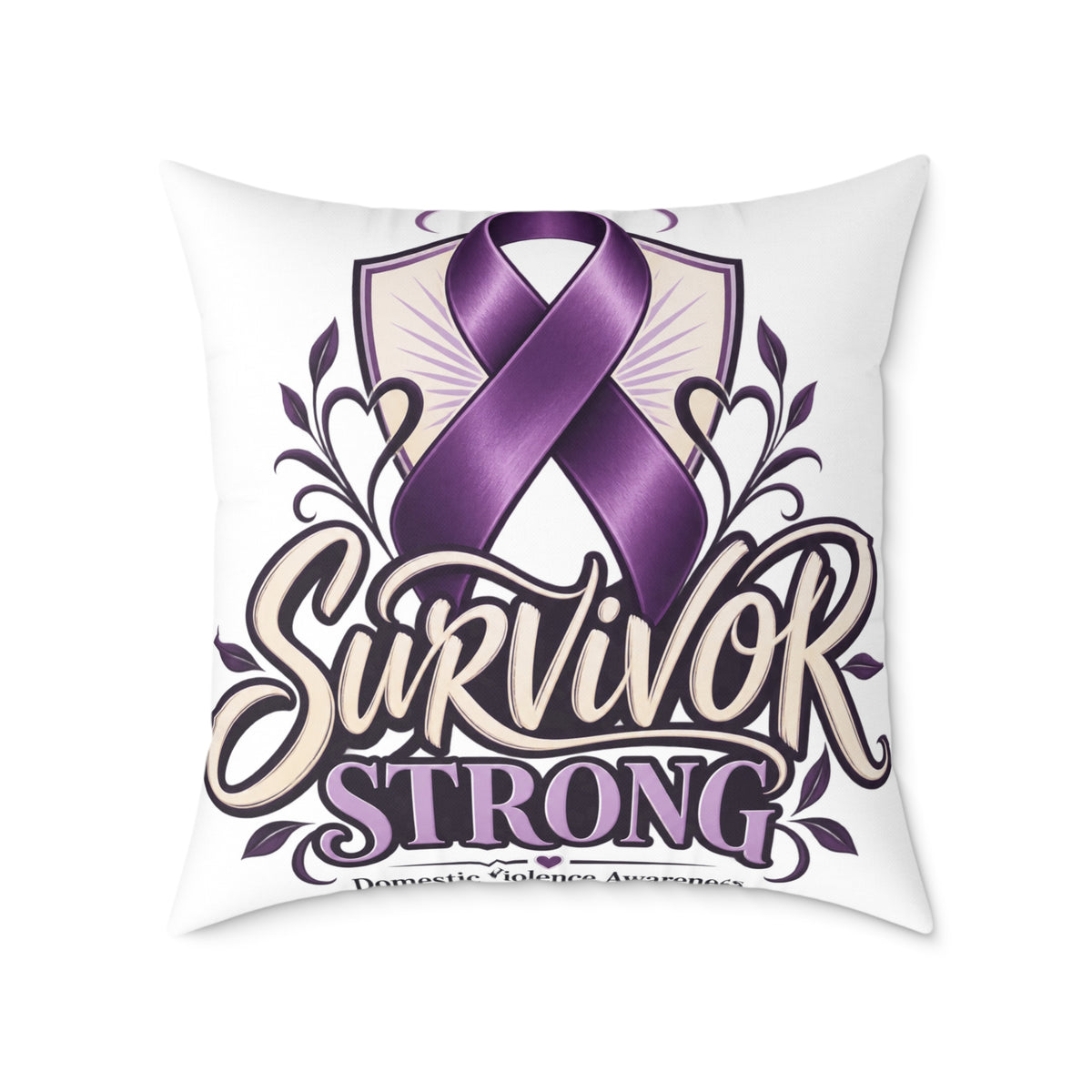 Survivor Strong Purple Ribbon Square Pillow — Domestic Violence Awareness Support Home Decor