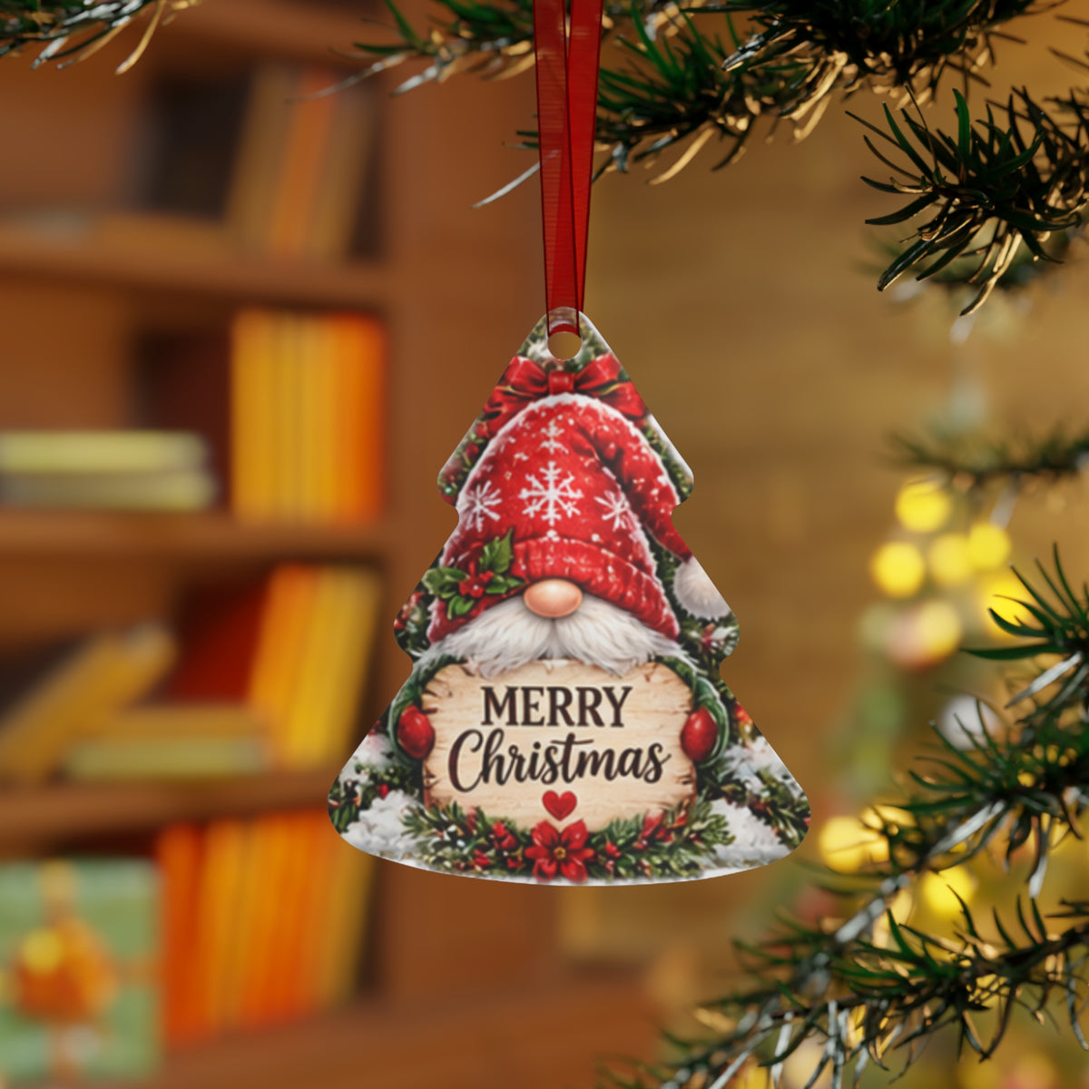 Merry Christmas Gnome Metal Ornament — Tree-Shaped Holiday Decoration
