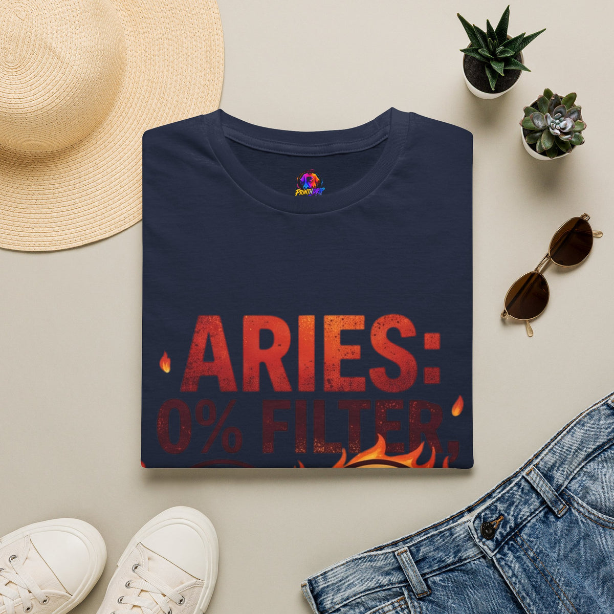 Aries T-Shirt — "Aries: 0% Filter, 100% Fire" Bold Zodiac Tee