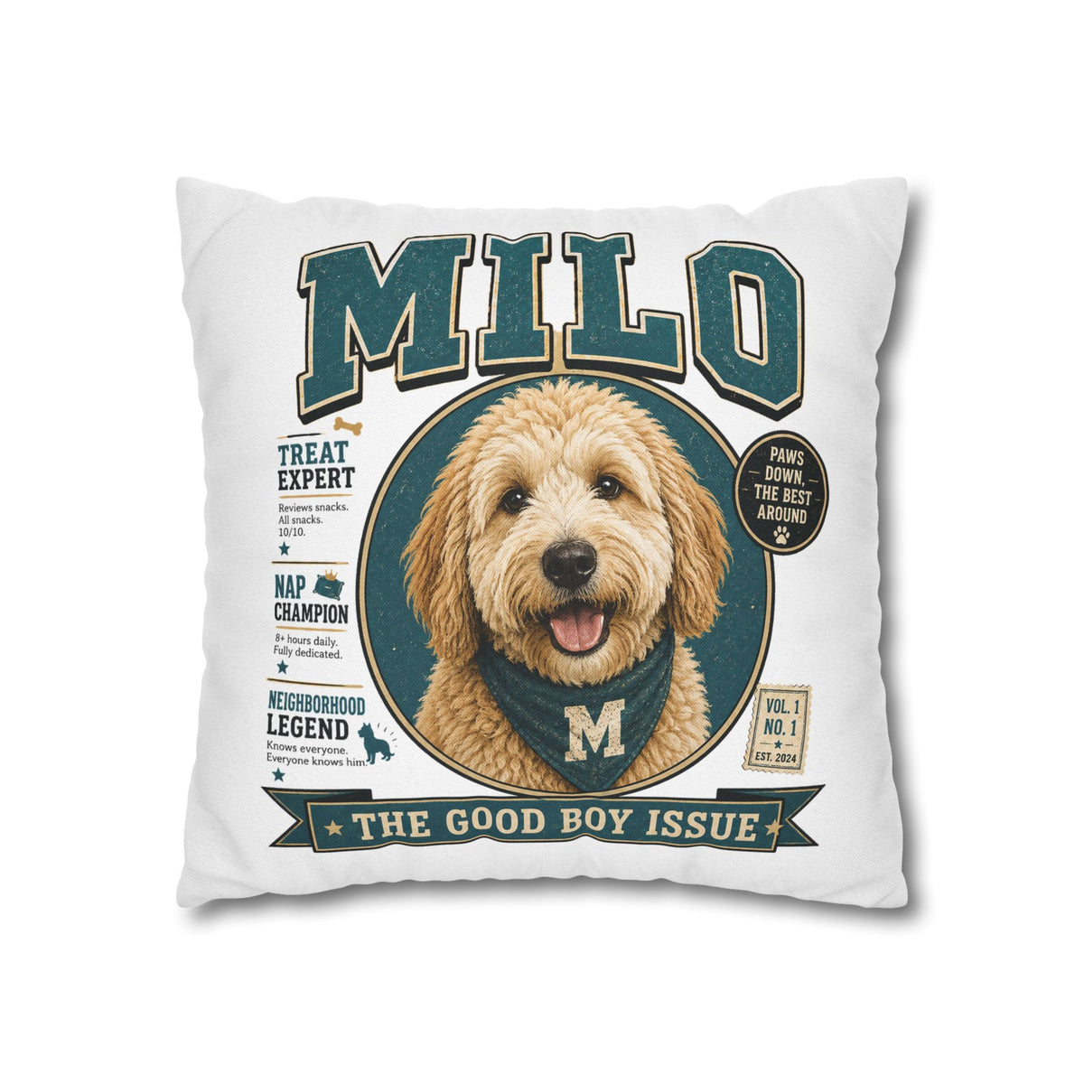 Milo 'The Good Boy Issue' Decorative Pillowcase – Personalized Dog Portrait Accent Pillowcase Milo Bailey Dog Dad Mom