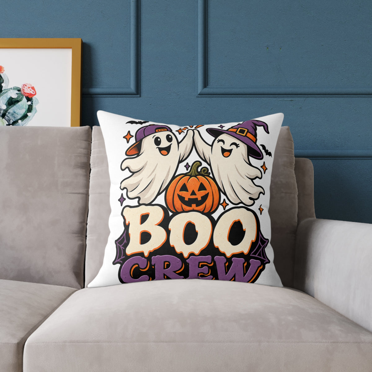 Halloween Boo Crew Pillow — Cute Ghosts & Pumpkin Square Throw Pillow