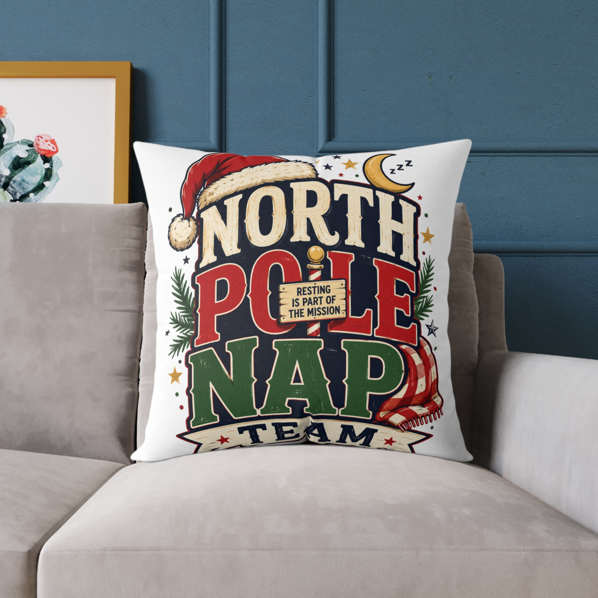 Christmas North Pole Nap Team Throw Pillow — Funny Christmas Holiday Decorative Cushion
