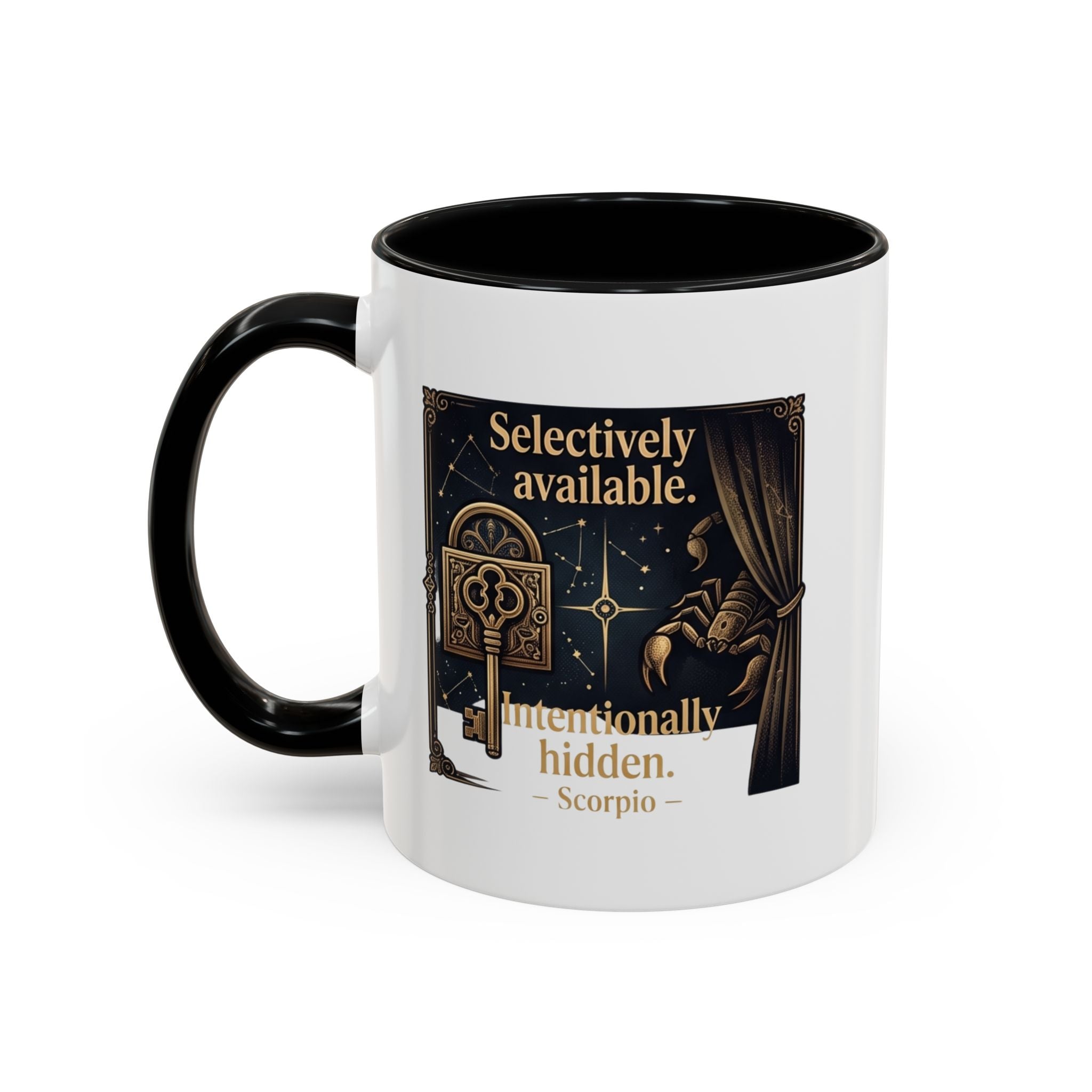 Scorpio Accent Coffee Mug — "Selectively Available, Intentionally Hidden" Zodiac Gift