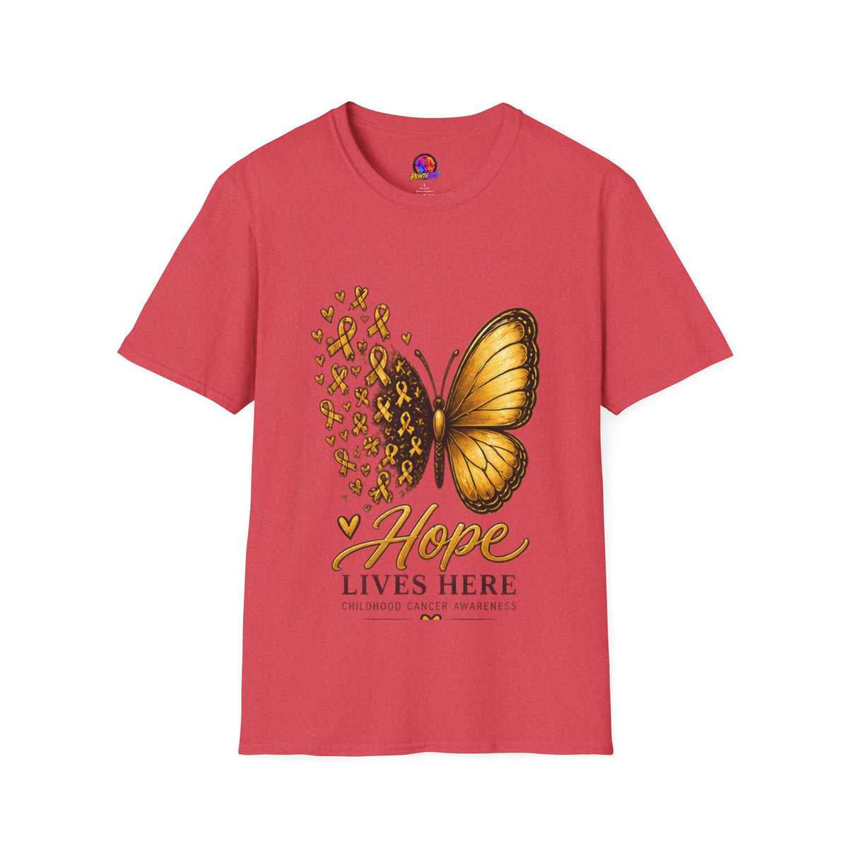 Hope Lives Here Gold Ribbon Butterfly Childhood Cancer Awareness T-Shirt