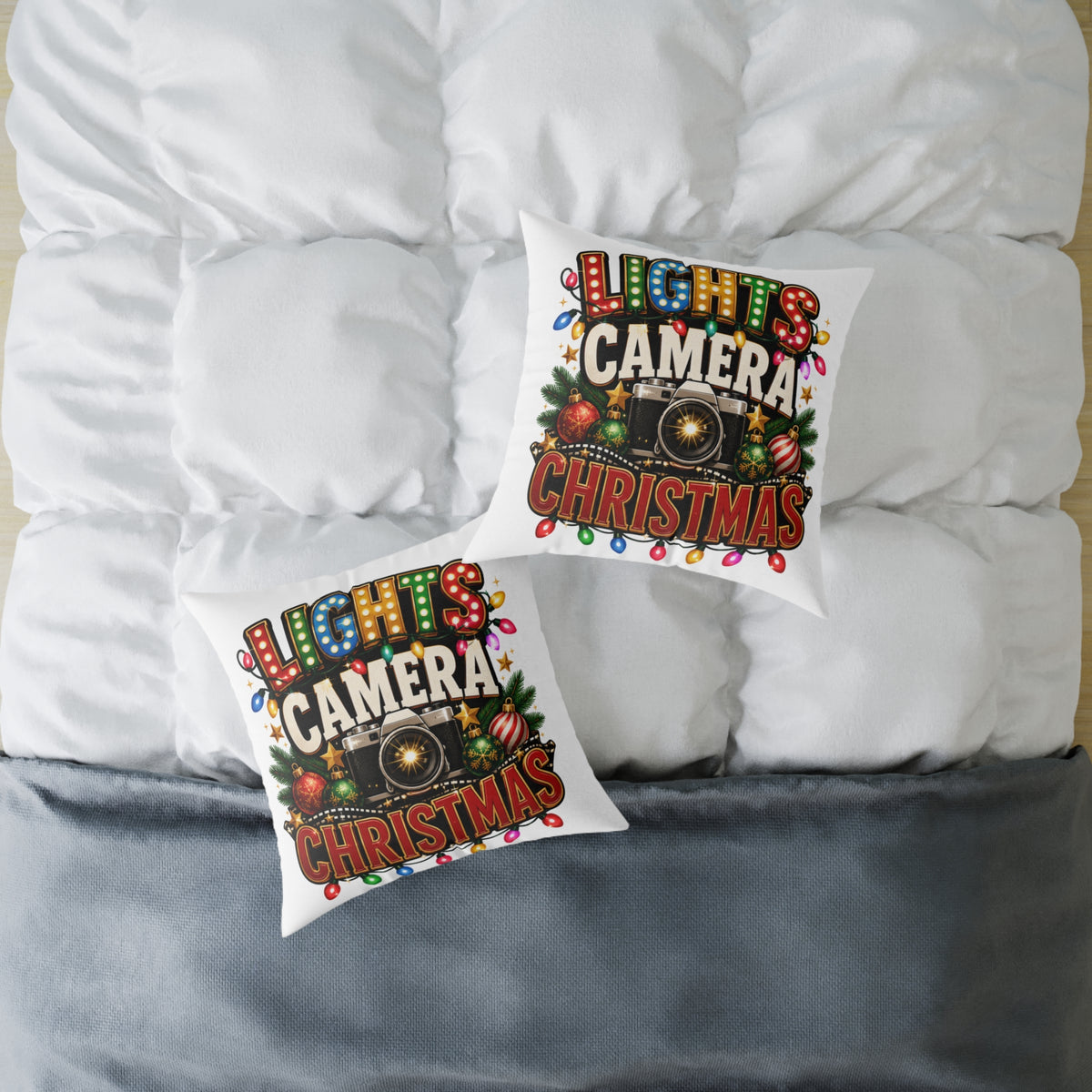 Christmas Photo Pillow - "Lights Camera Christmas" Decorative Square Throw Pillow