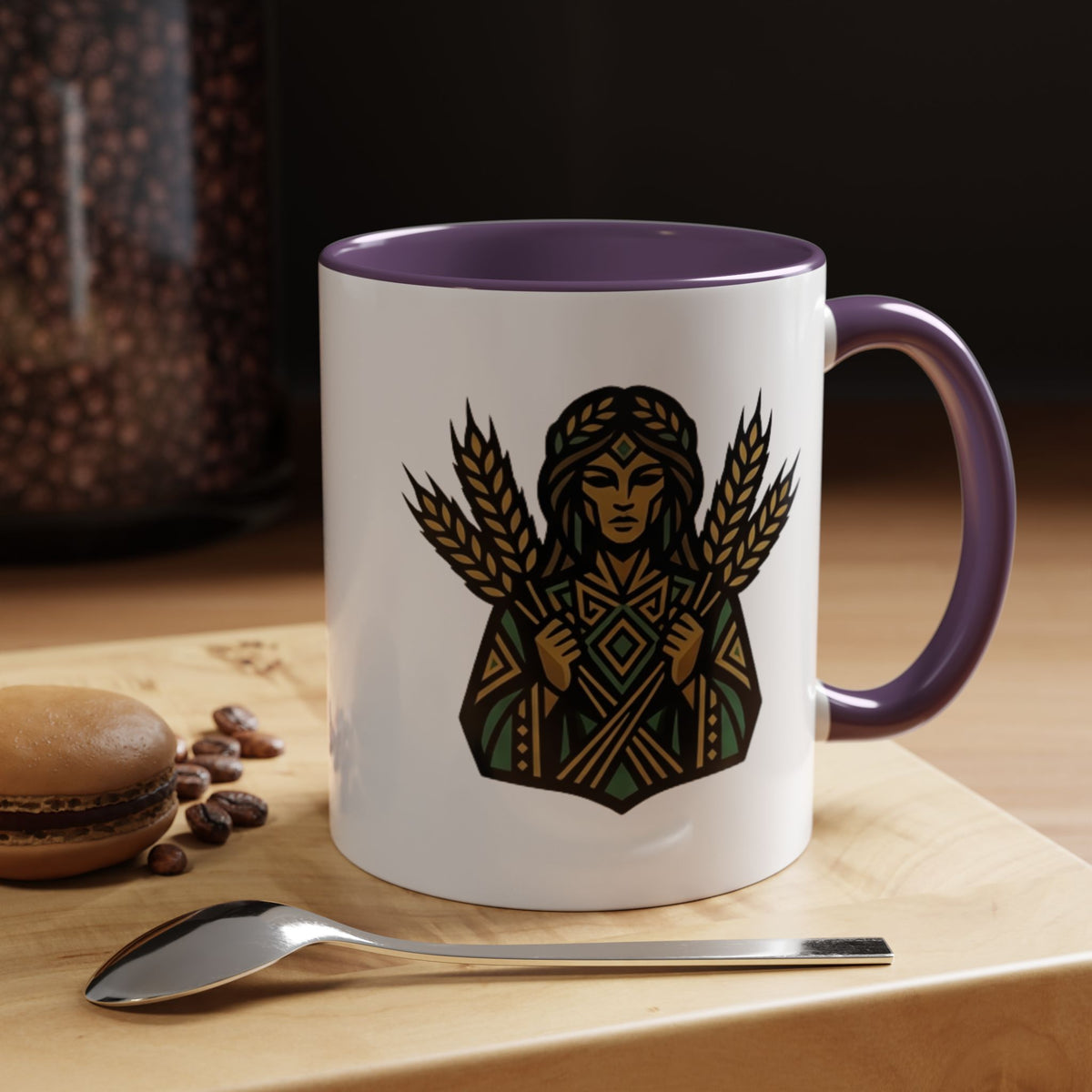 Virgo Zodiac Harvest Goddess Accent Coffee Mug — Rustic Wheat & Earthy Green Tribal Design