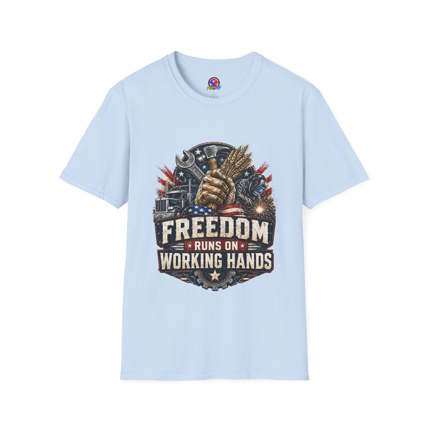 Freedom Runs on Working Hands T-Shirt — Patriotic Mechanic Tool & Wheat Design