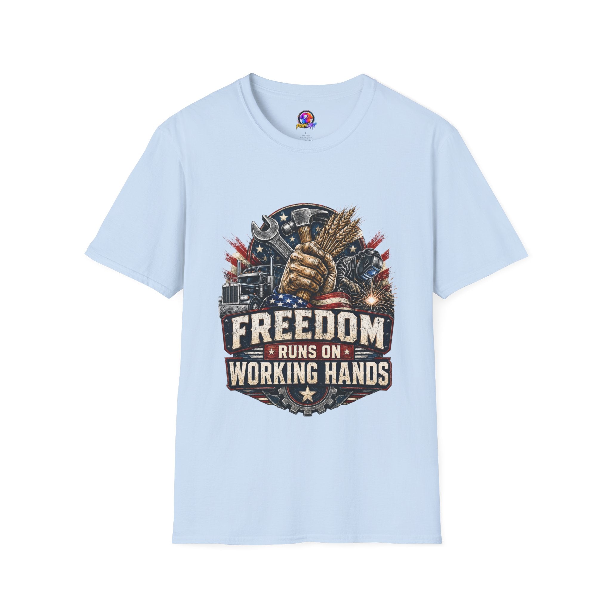 Freedom Runs on Working Hands T-Shirt — Patriotic Mechanic Tool & Wheat Design