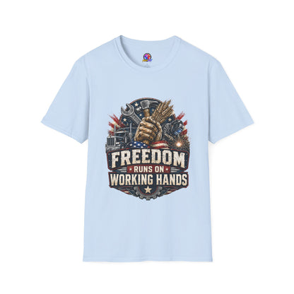 Freedom Runs on Working Hands T-Shirt — Patriotic Mechanic Tool & Wheat Design