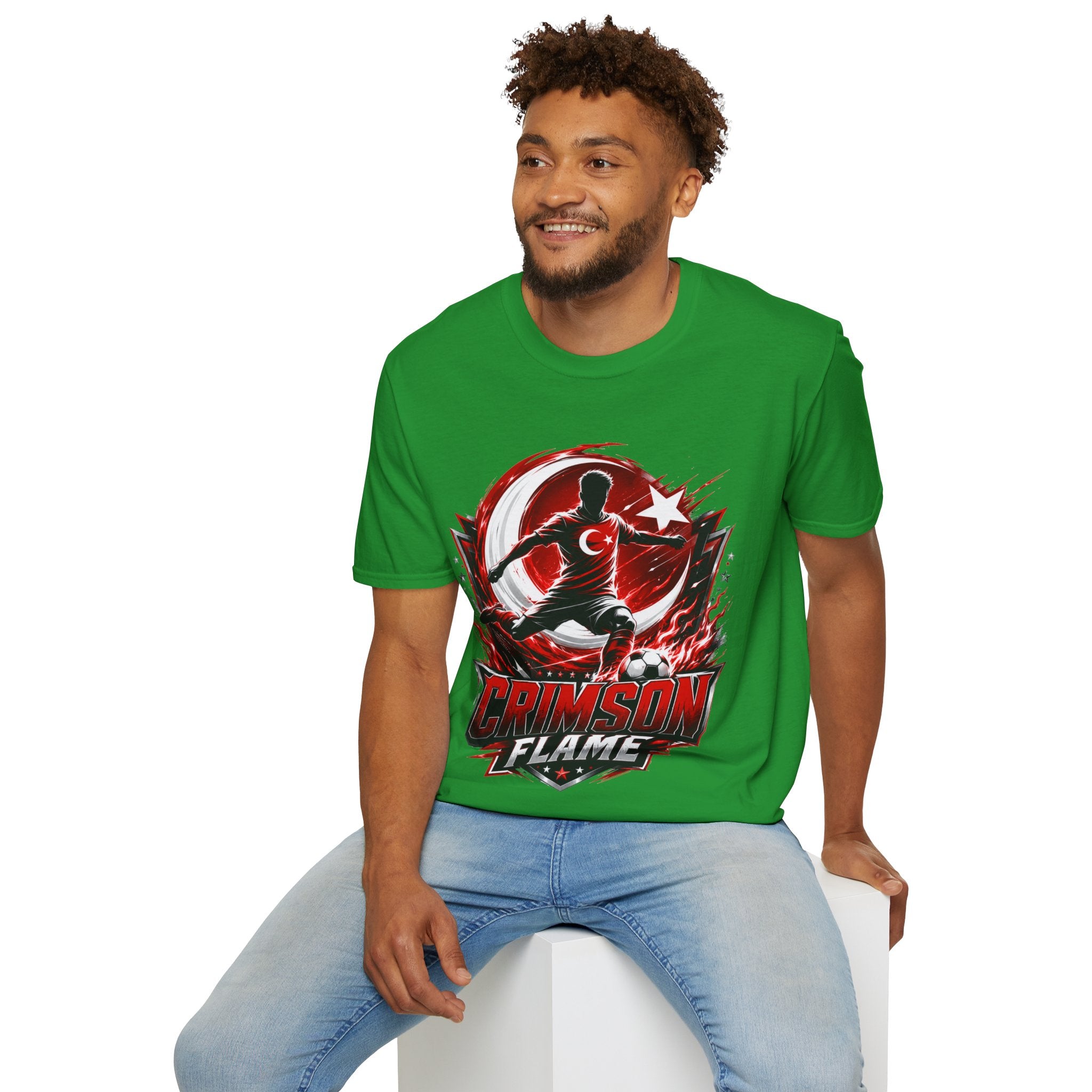 Turkey Crimson Flame Soccer T-Shirt — Turkish Crescent & Star Football Fan Tee
