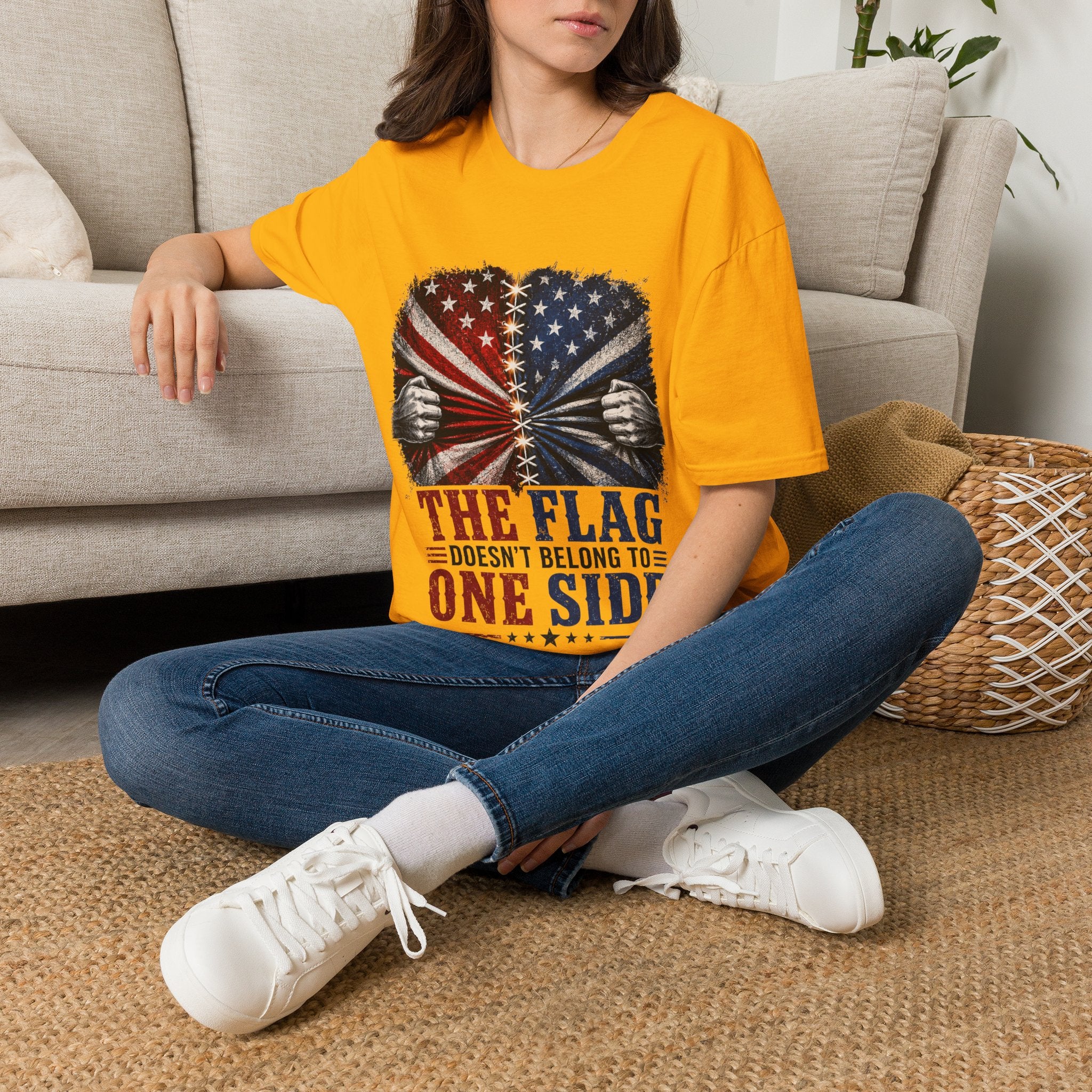 T-Shirt — "The Flag Doesn't Belong to One Side" Distressed American Flag Graphic