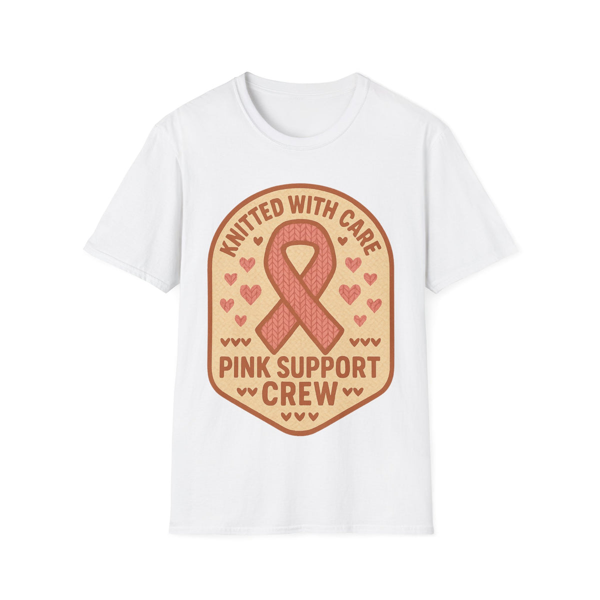 Pink Support Crew Knitted With Care Shield Badge T-Shirt, Breast Cancer Awareness Tee - Trending Now - September 2026