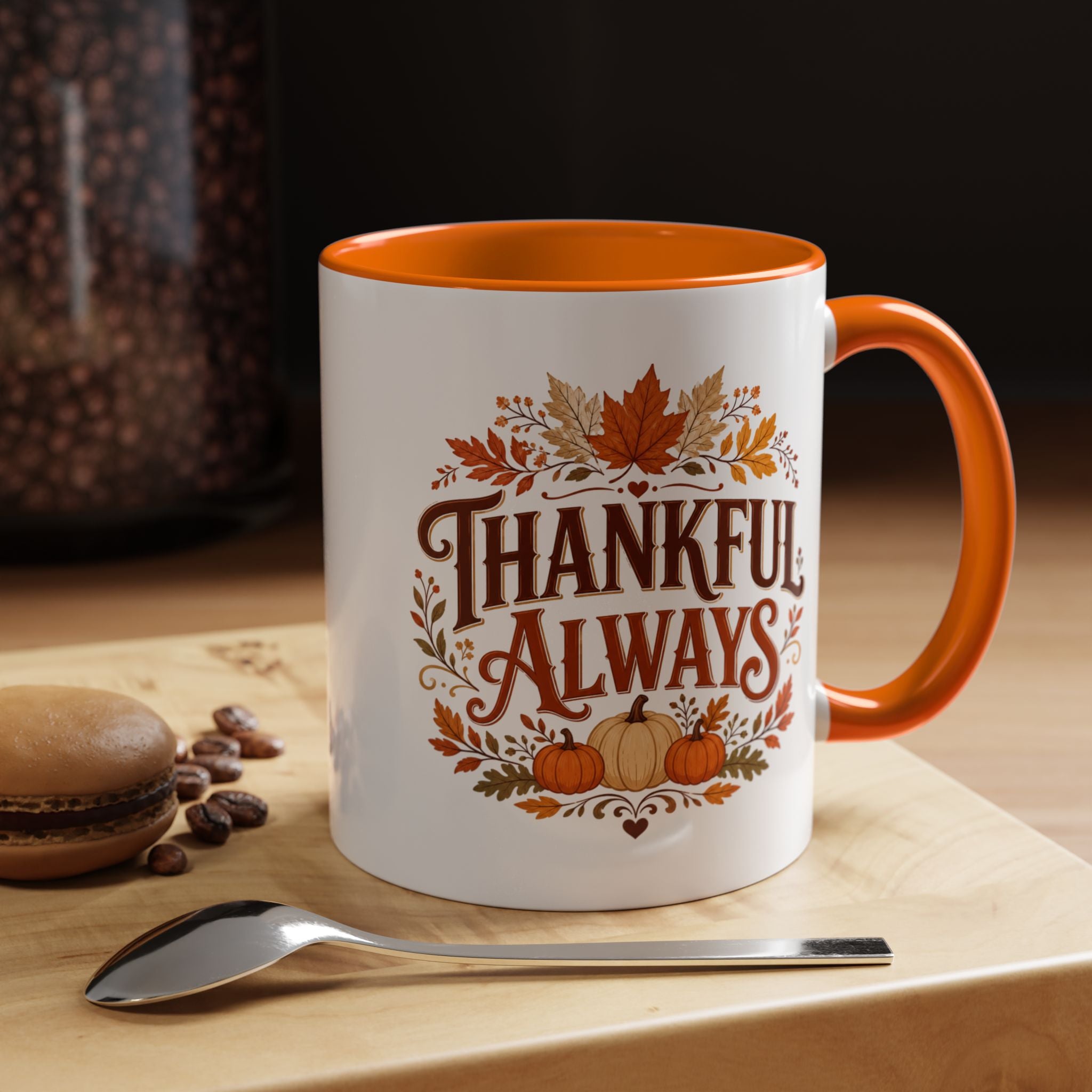 Thanksgiving Mug Thankful Always Accent Coffee Mug — Fall Pumpkin & Leaves Thanksgiving Gift