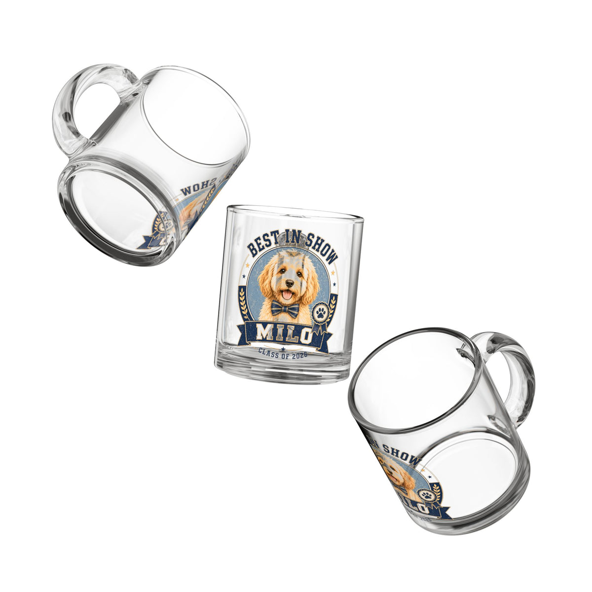 Best in Show Personalized Dog Glass Mug — "Milo" Class of 2026 Pet Lover Gift Milo Bailey Dog Dad Mom  Glass Mug 10 oz