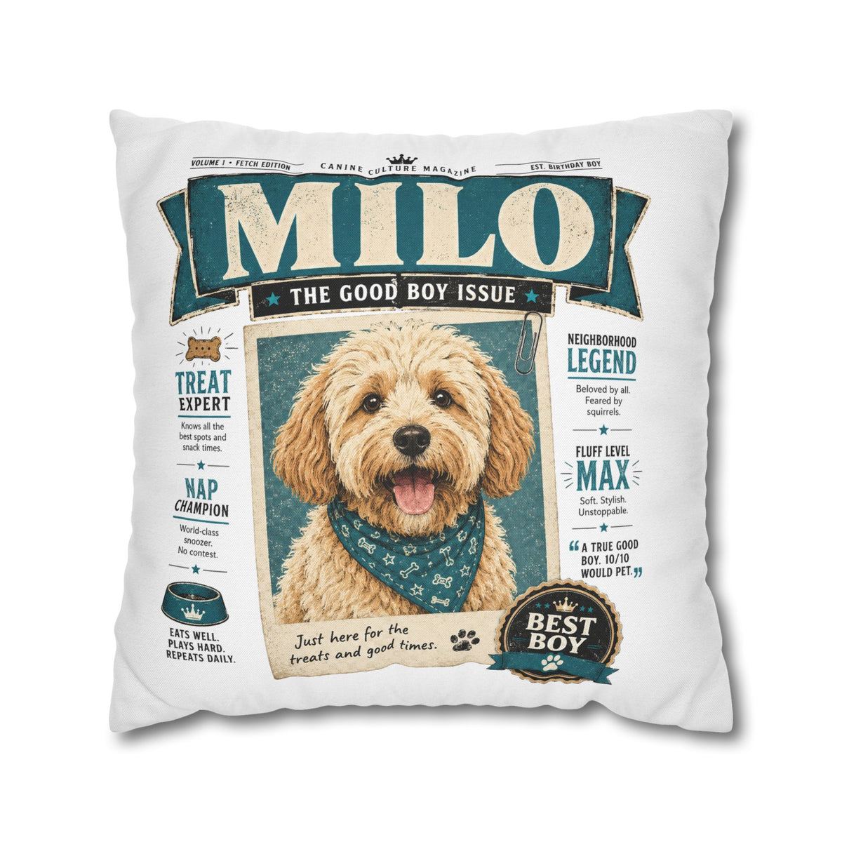 Personalized Dog Pillowcase — "Milo: The Good Boy Issue" Decorative Throw Pillowcase Milo Bailey Dog Dad Mom