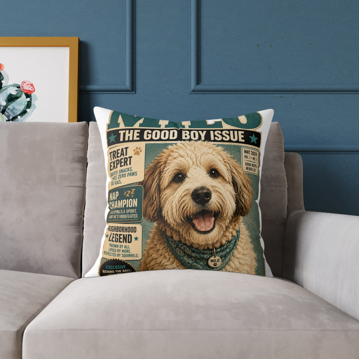 Milo Bailey Dog Dad Mom Square Pillow — 'The Good Boy Issue' Vintage Dog Cover