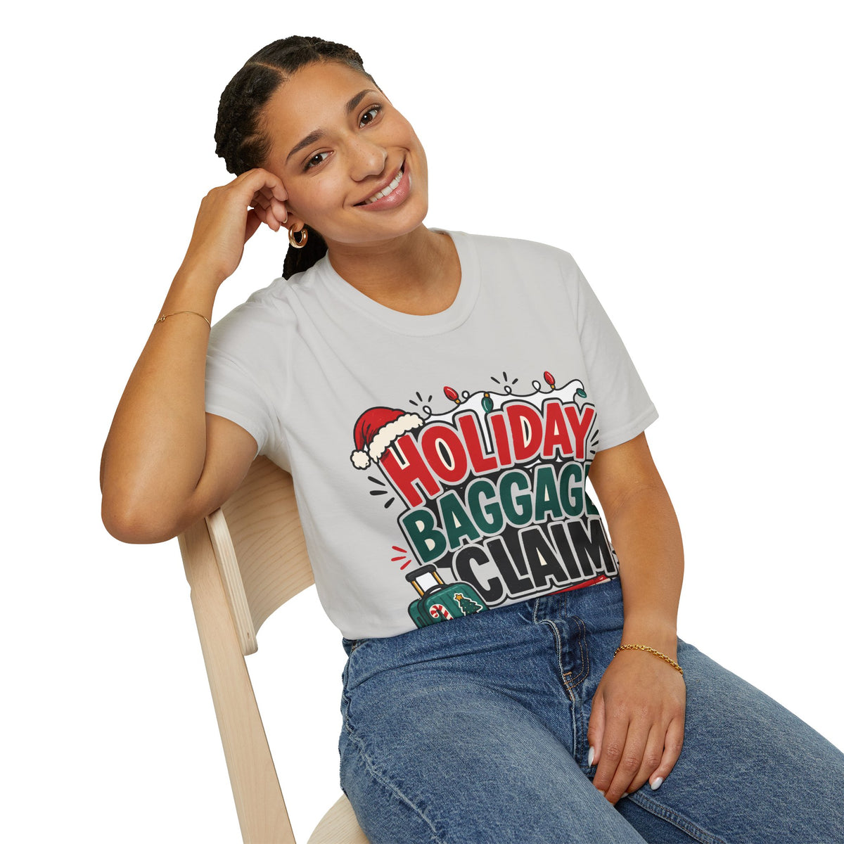 Holiday Baggage Claim T-Shirt — Funny Christmas Vacation Tee with Santa Hat & Lights