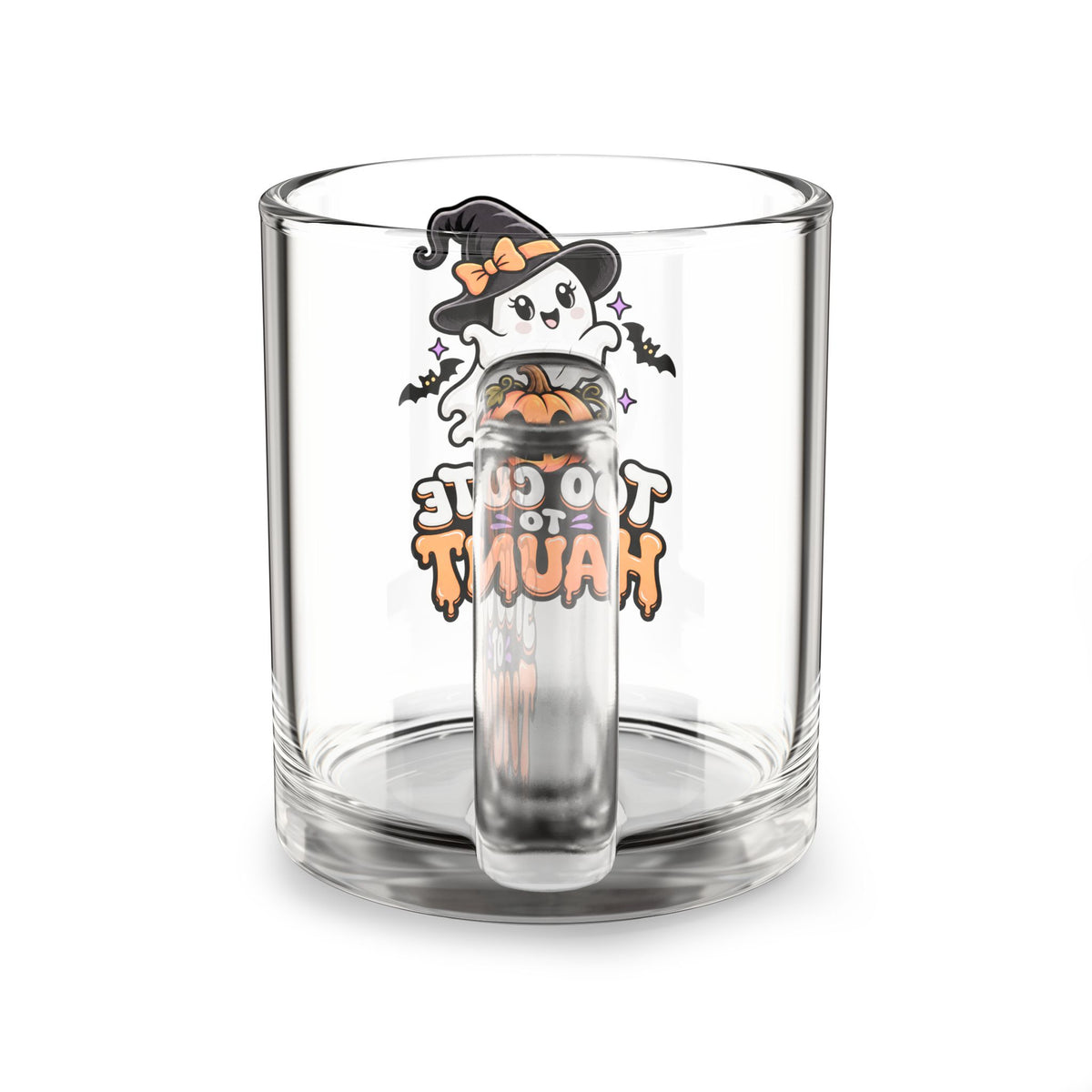 Glass Mug — 'Too Cute to Haunt' Halloween Ghost Pumpkin Coffee Cup (10 oz)