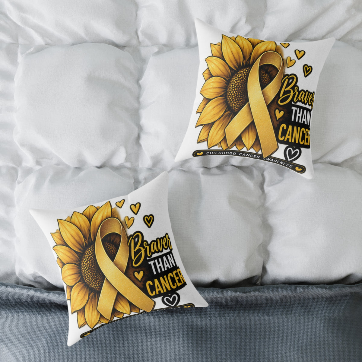 Sunflower Gold Ribbon Pillow —Childhood Cancer  'Braver Than Cancer' Awareness Throw Pillow