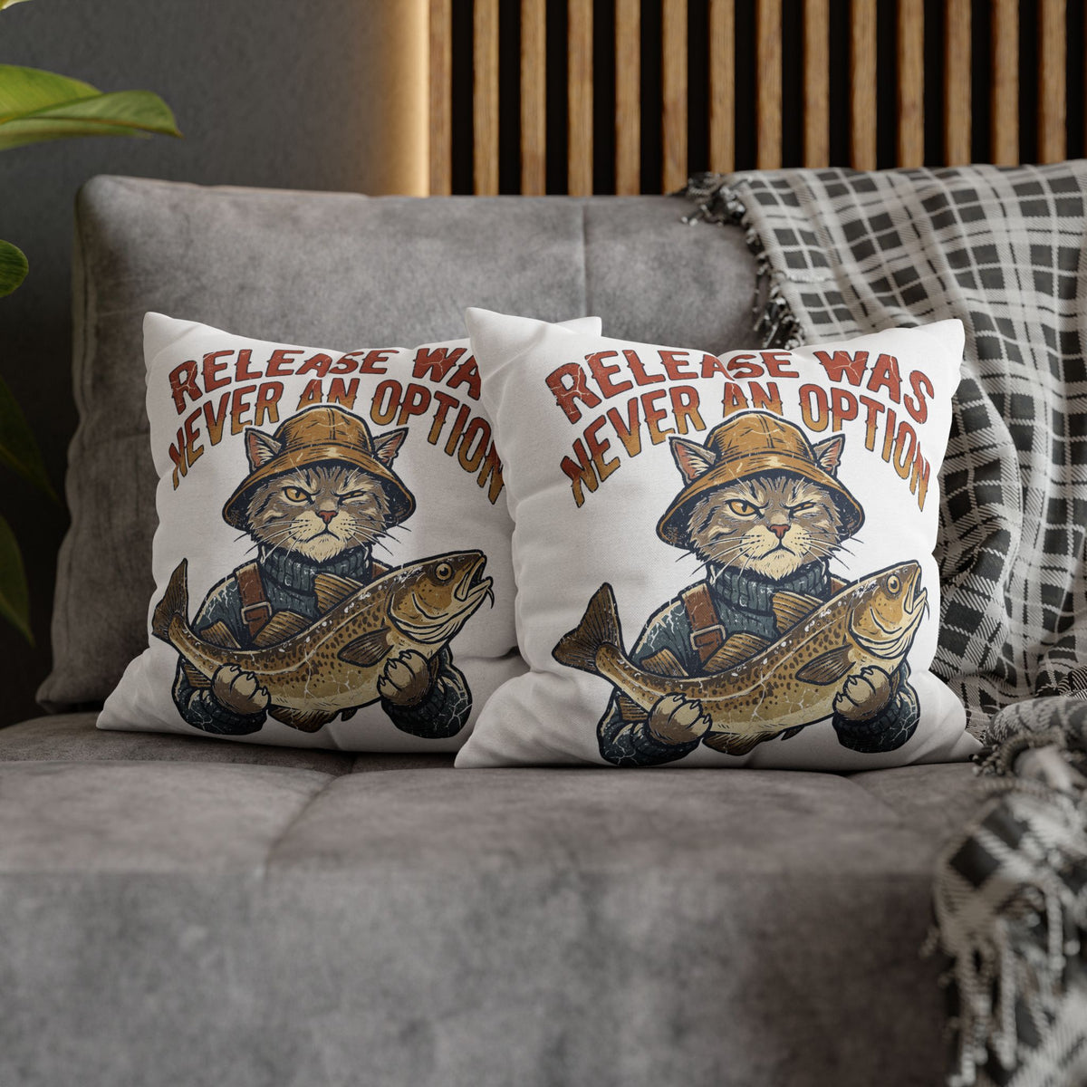 Funny Cat Angler Pillowcase - "Release Was Never An Option" Fishing Throw Pillow