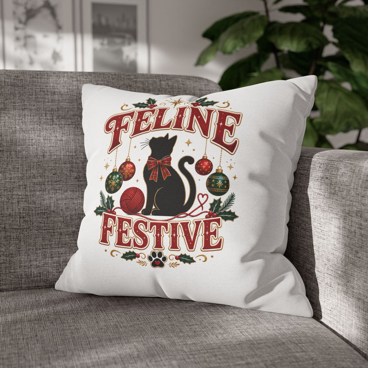 Feline Festive Christmas Pillowcase — Christmas Cat Decorative Throw Pillow Cover