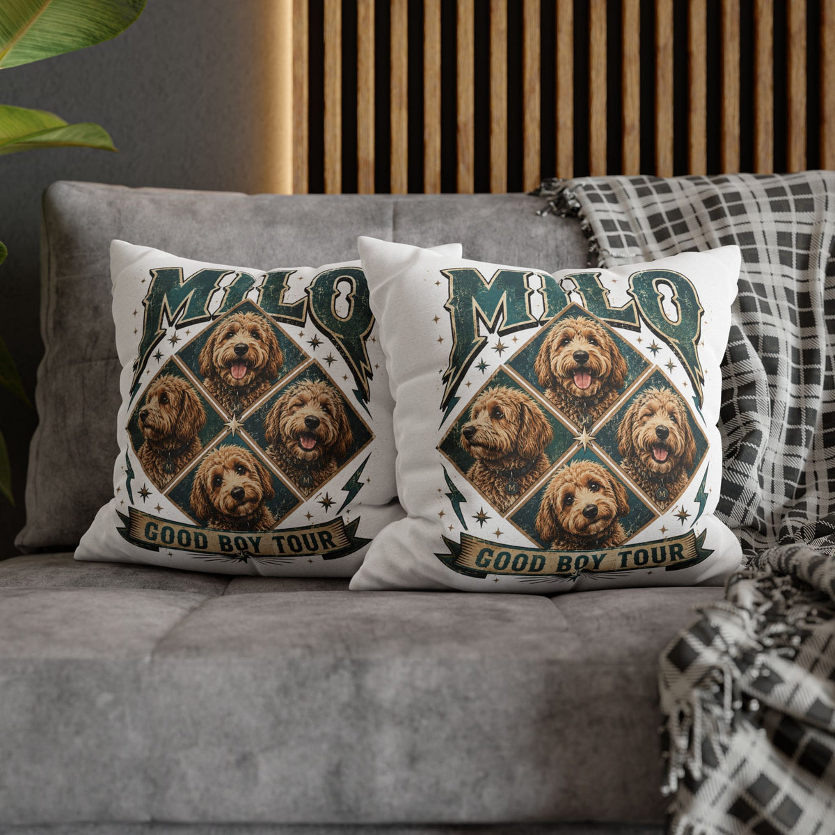 Milo “Good Boy Tour” Dog Photo Square Pillowcase Milo Bailey Dog Dad Mom
