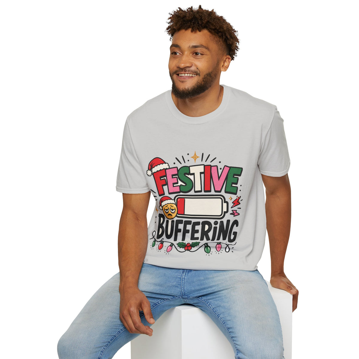 Festive Buffering T-Shirt — Funny Holiday Christmas Tee with Loading Battery Design