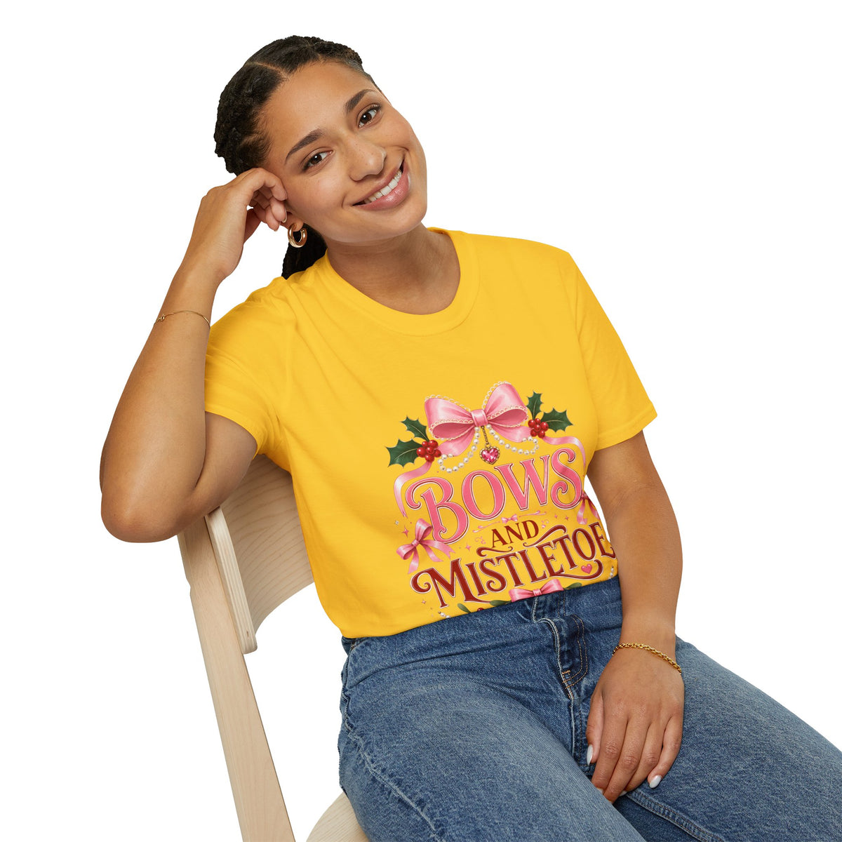 Bows and Mistletoe T-Shirt — Pink Holiday Bow Christmas Tee