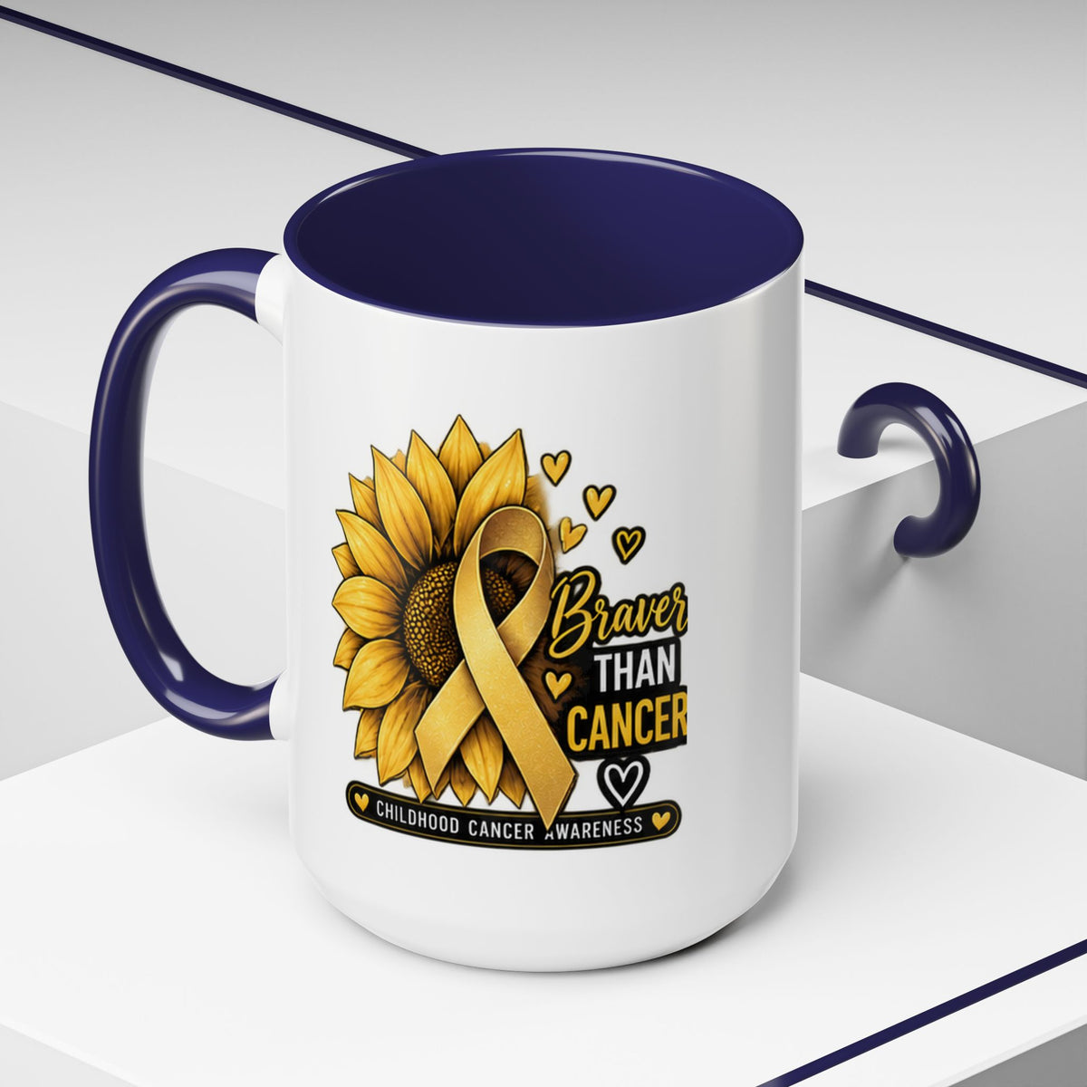 Childhood Cancer Awareness Mug — "Braver Than Cancer" Sunflower & Gold Ribbon